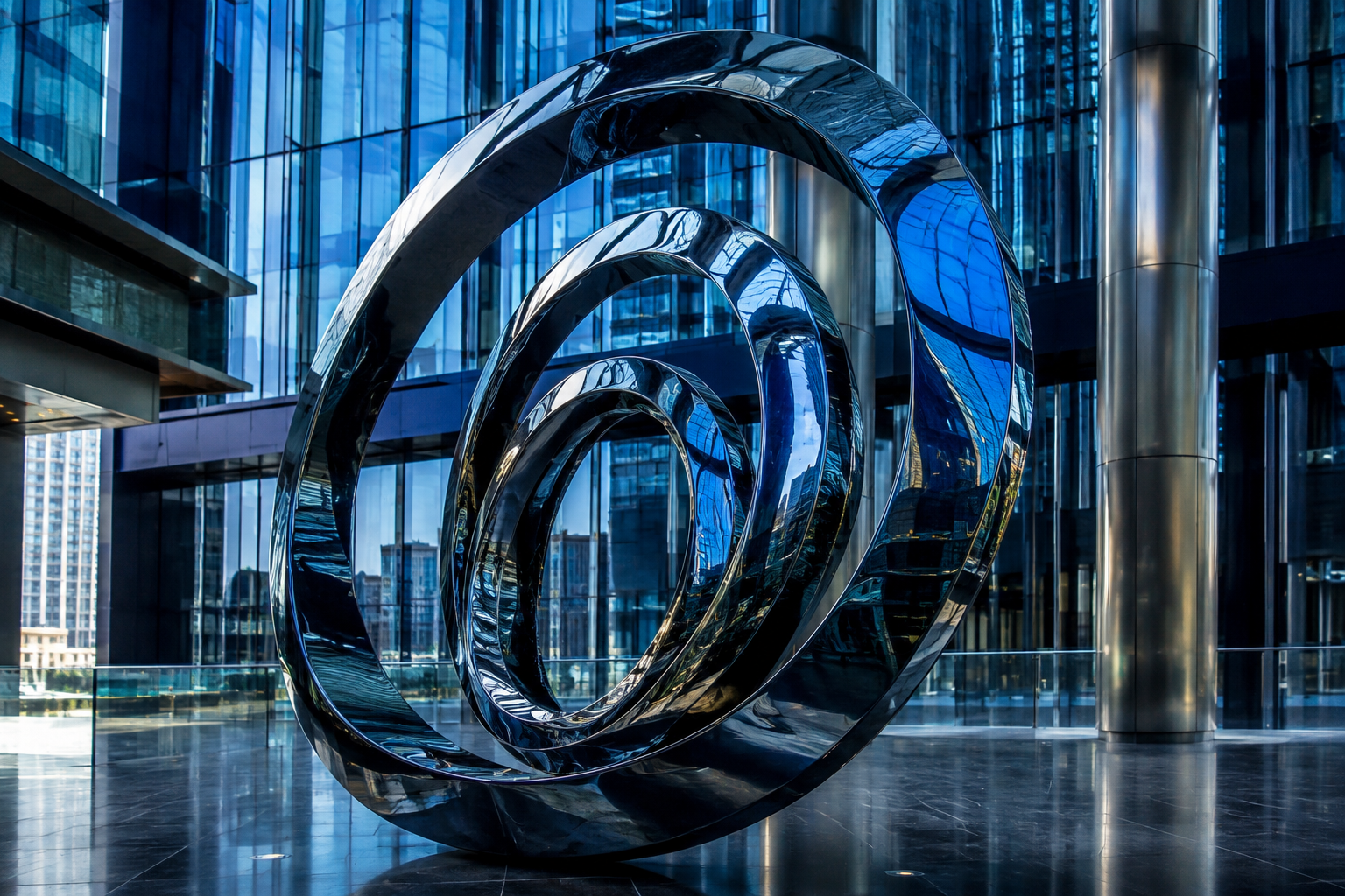 Sculptural chrome loops inside a glass atrium